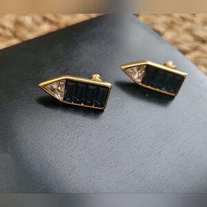 Vtg Monet Geometric Oversized Stud Earrings, Gold Toned, Navy & Clear Rhinestone